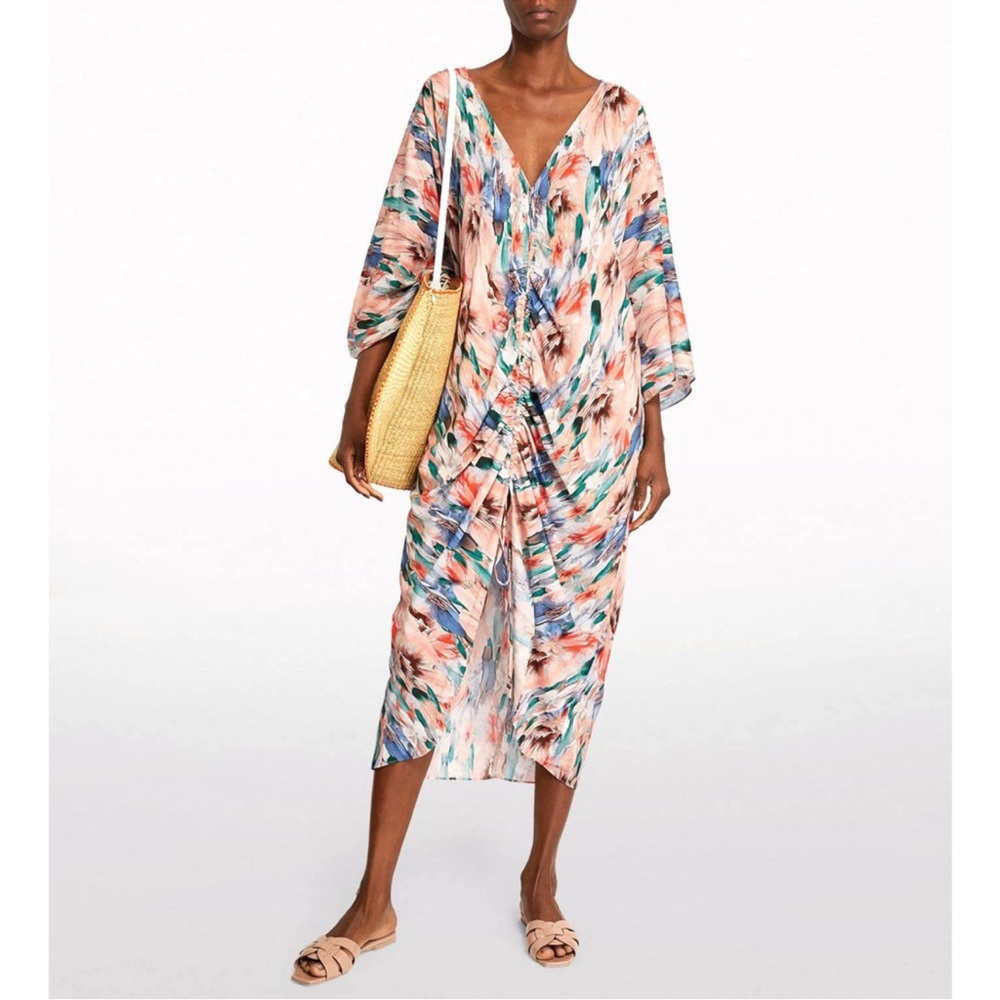 MISA Sari Dress NWT XS • Tropical Floral Watercolor Midi Kaftan Boho Resort